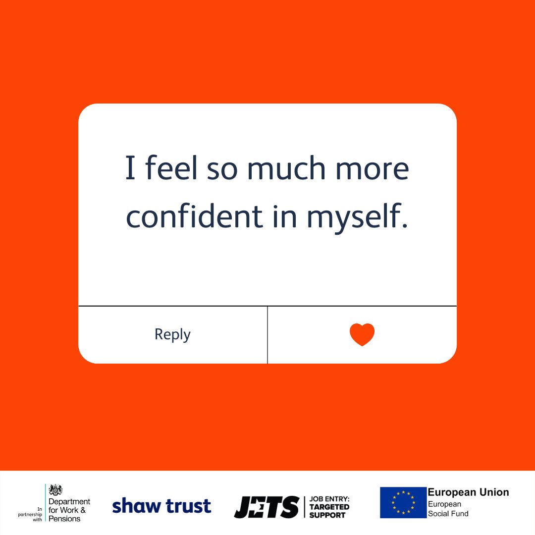 ShawTrust's tweet photo. Self-confidence is an invaluable skill when you are looking for employment. If you feel that you would like support to return to work, the #JETS programme may be for you. Find out more here: https://t.co/FwDUOJiBYD #ShawTrustJobs #JETSBackIntoWork https://t.co/wa4LzWU6VZ