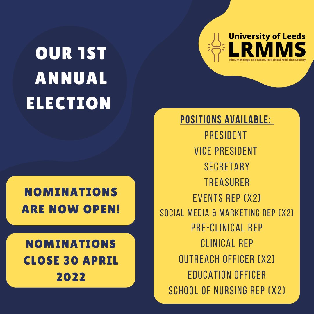 LeedsRMMS's tweet photo. Nominations for our 22/23 Committee are now open! 🥳
The nomination period ends 30 April 2022. 

Here’s the link on the available positions and how to nominate yourself: https://t.co/s3baTnFuG3 

The voting period will be from 2 May 2022 - 8 May 2022. https://t.co/ngLBcLVj5g