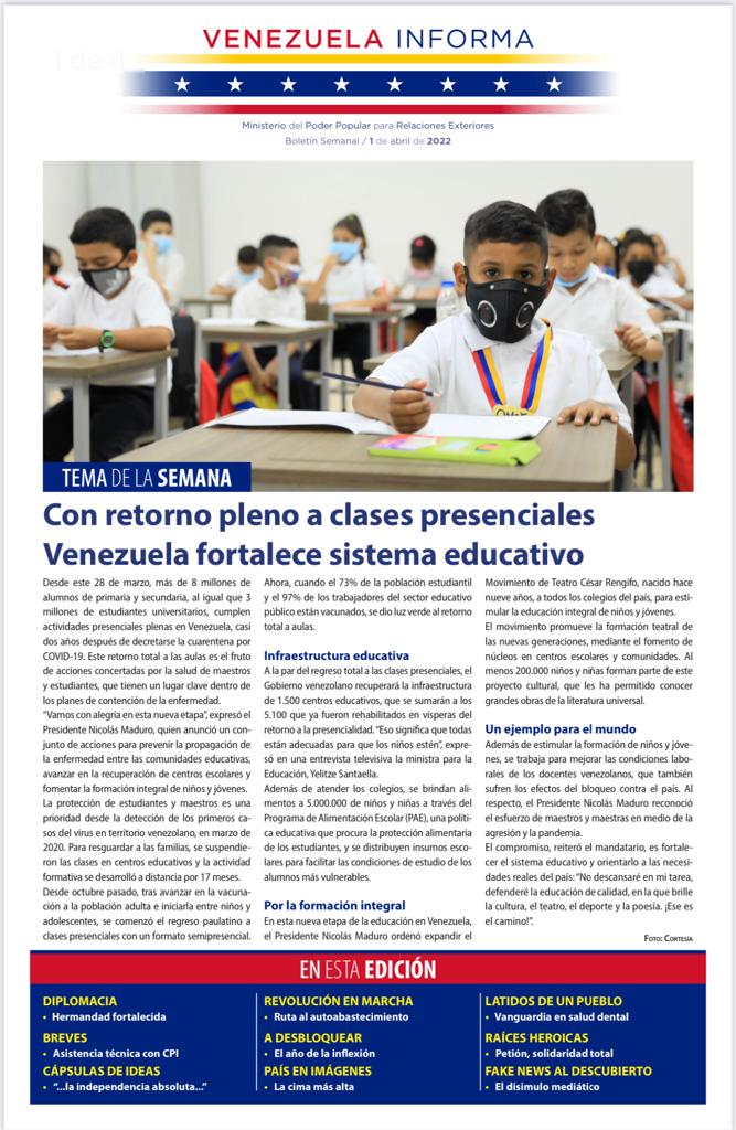 Cancilleria_ve's tweet photo. #VenezuelaInforma|  No. 52 |
#01Abr

Nuestros niños y jóvenes volvieron plenamente a sus clases presenciales. Es otro triunfo del trabajo de nuestro pueblo en medio de la pandemia y la superación del bloqueo, a través de un modelo económico diversificado. 

#LeeYDifunde https://t.co/aPp3lRsQlL