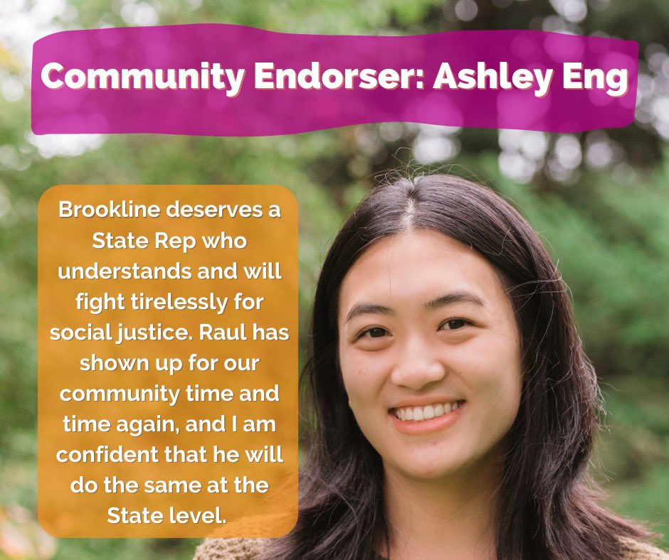 raulspeaks's tweet photo. I’m proud to introduce @ashyeneng as my community endorser this week! Ashley has been involved in organizing in Brookline for years, and has fought for progressive values with @BklneCoalition, @CityofBrookline, and @Miriam4Bkline. #mapoli https://t.co/VpyFPZETMZ