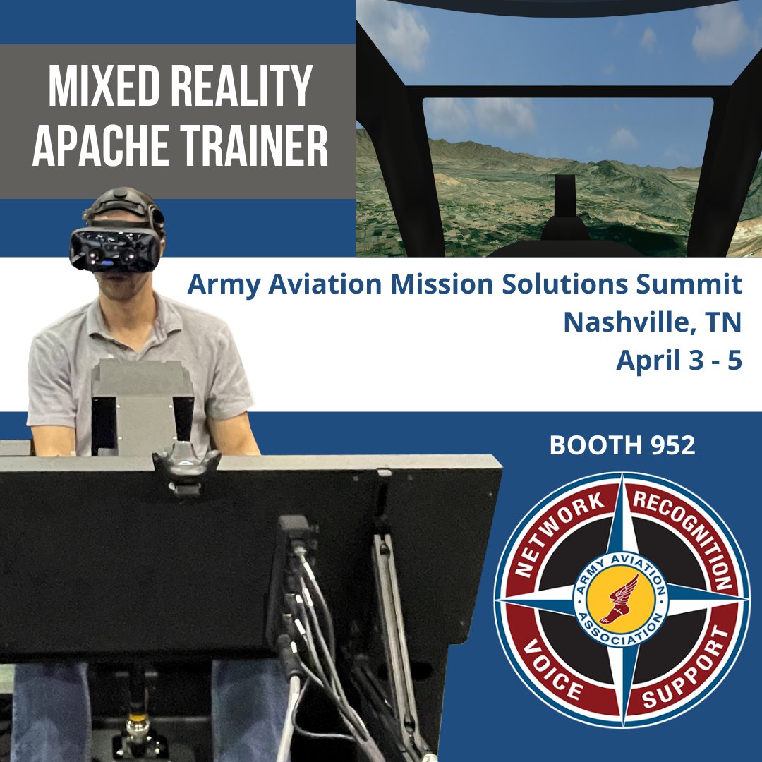 zedasoft's tweet photo. Our team (@zedasoft, @havikvr, @bihrleresearch, @PLEXSYS, Bugeye Technologies, @MvRsimulation, @varjo and @immersaview) are excited to showcase the Mixed Reality Apache simulator for viewing and live demonstrations at 𝗕𝗢𝗢𝗧𝗛 𝟵𝟱𝟮.

#Summit22 #QuadA #Army #simulation #varjo https://t.co/QTHzMe59HE