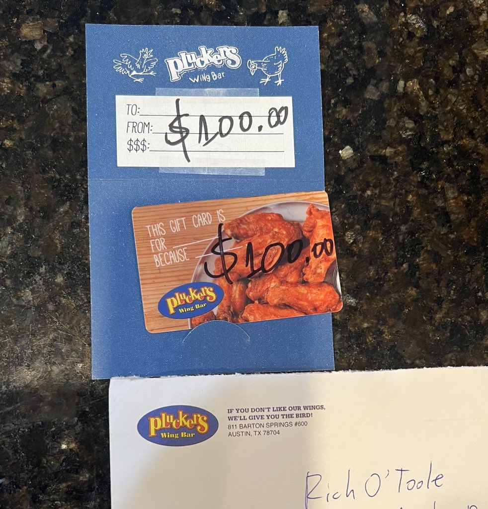 RichOToole's tweet photo. So @Pluckers sent me a $100 gift card. I’m going to take a random fan there to watch some @astros baseball this season. Retweet and I will pick a lucky winner. Just me and you and a lotttt of wings and baseball. https://t.co/0fr1pNXT55