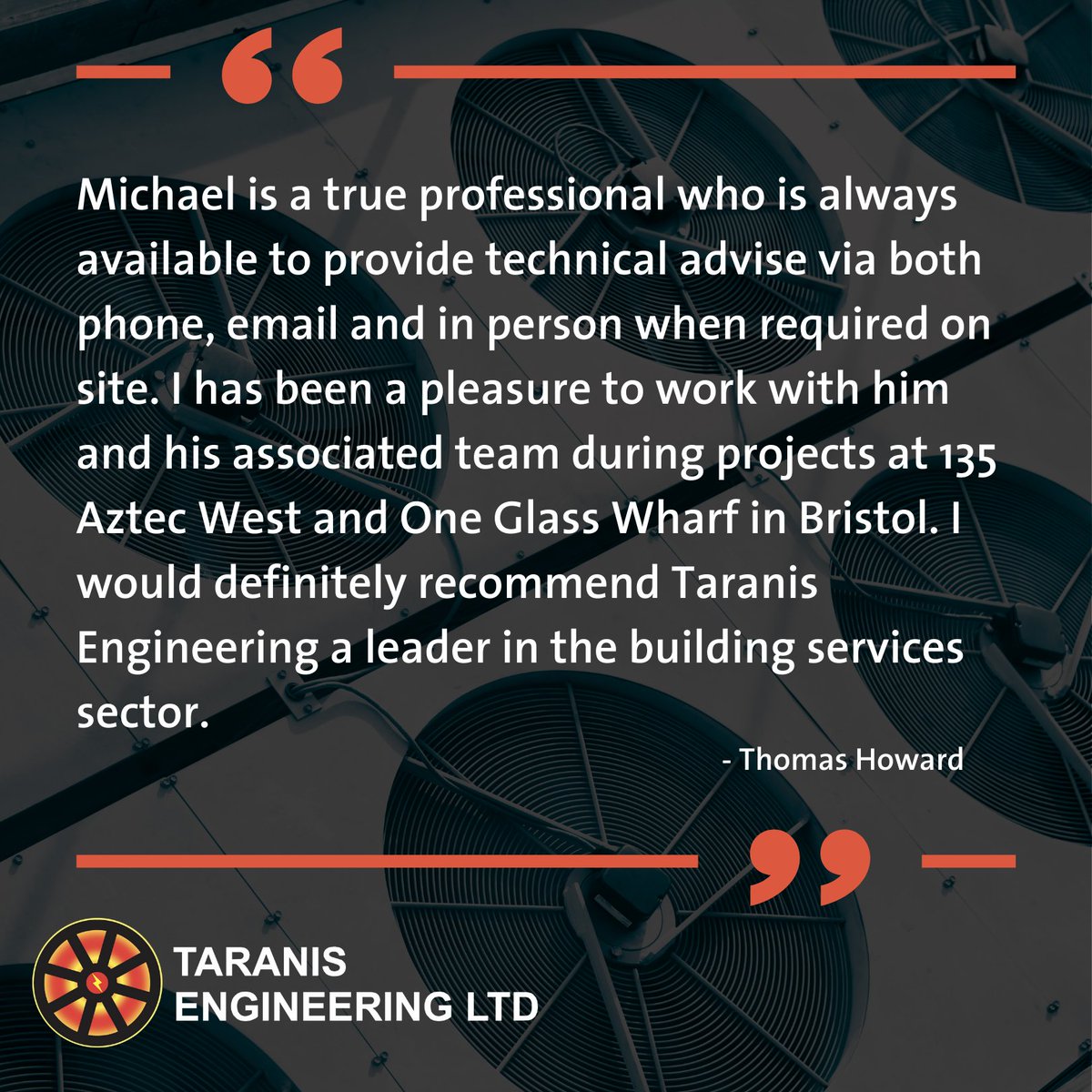TaranisEng's tweet photo. Great feedback from Thomas Howard, on the service provided by Michael, our Design Manager.

Do you think you could use our services? Get in touch now!

#taranisengineering #customerreview #testimonial #happycustomer #specialistengineering https://t.co/NHVcQQNKgy