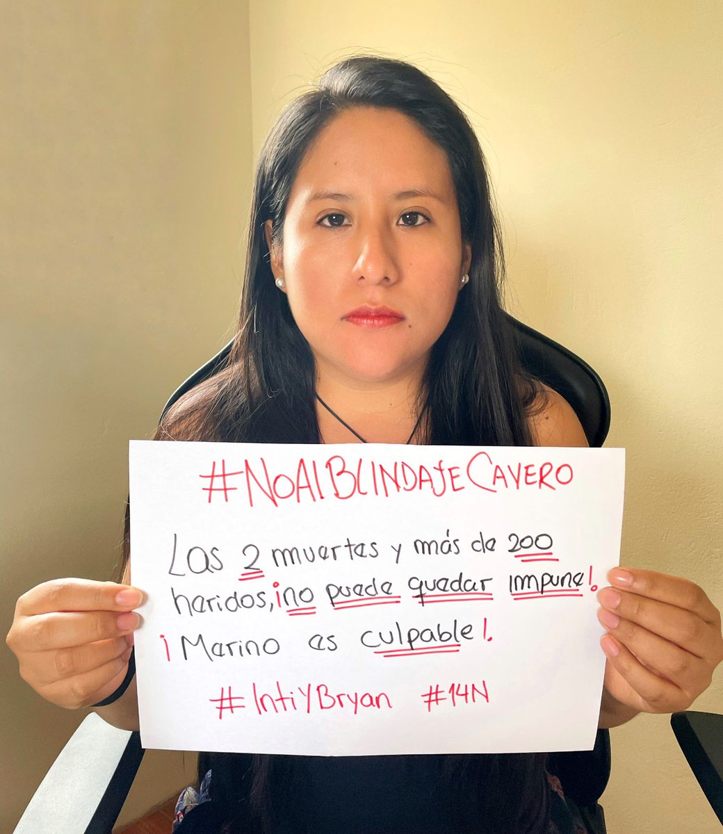 JohanaAsurza's tweet photo. #NoAlBlindajeCavero
¡Exigimos justicia! No olvidamos las 2 muertes de #IntiYBryan y las más de 200 heridos.
@MerinoDeLama es ¡culpable!. https://t.co/EniSrP9OVz