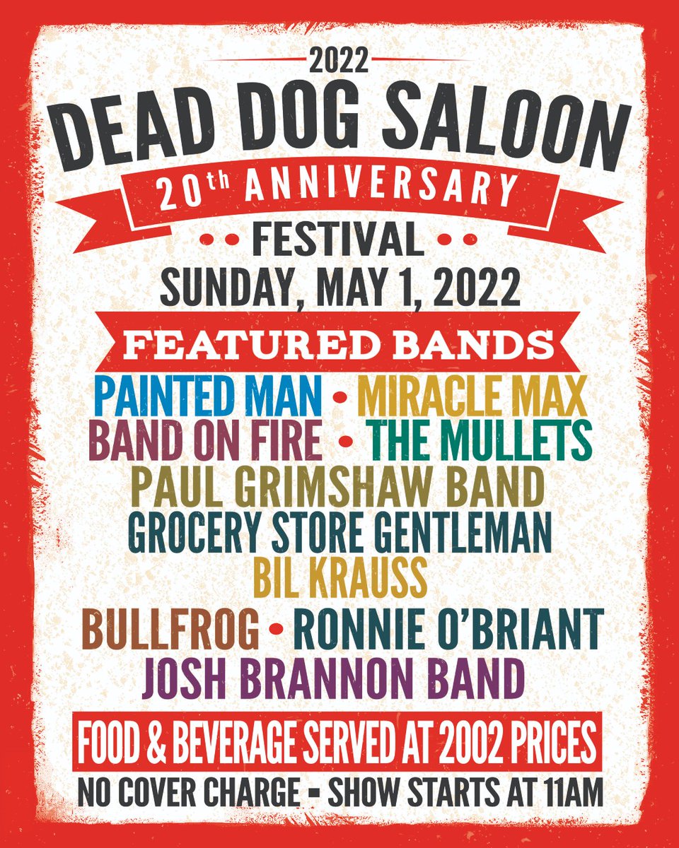 deaddogsaloon's tweet photo. The Dead Dog Saloon 20th Anniversary Music Festival is on Sunday, May 1. First act hits the stage at 11AM. 2002 prices on select food and beverages, live music all day and night.
@band on fire
#deaddogsaloon #livemusic #marshwalk #20thanniversary https://t.co/raRBwwSR8h