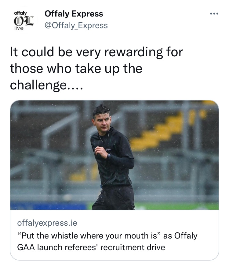 Are you looking to be abused/threatened and dam right disrespected week in week out for very little money ? 

Then we’ve got the perfect job for you, as we are currently searching for new Referee’s within our county.

Email/DM us here at the county board for further enquiries.
