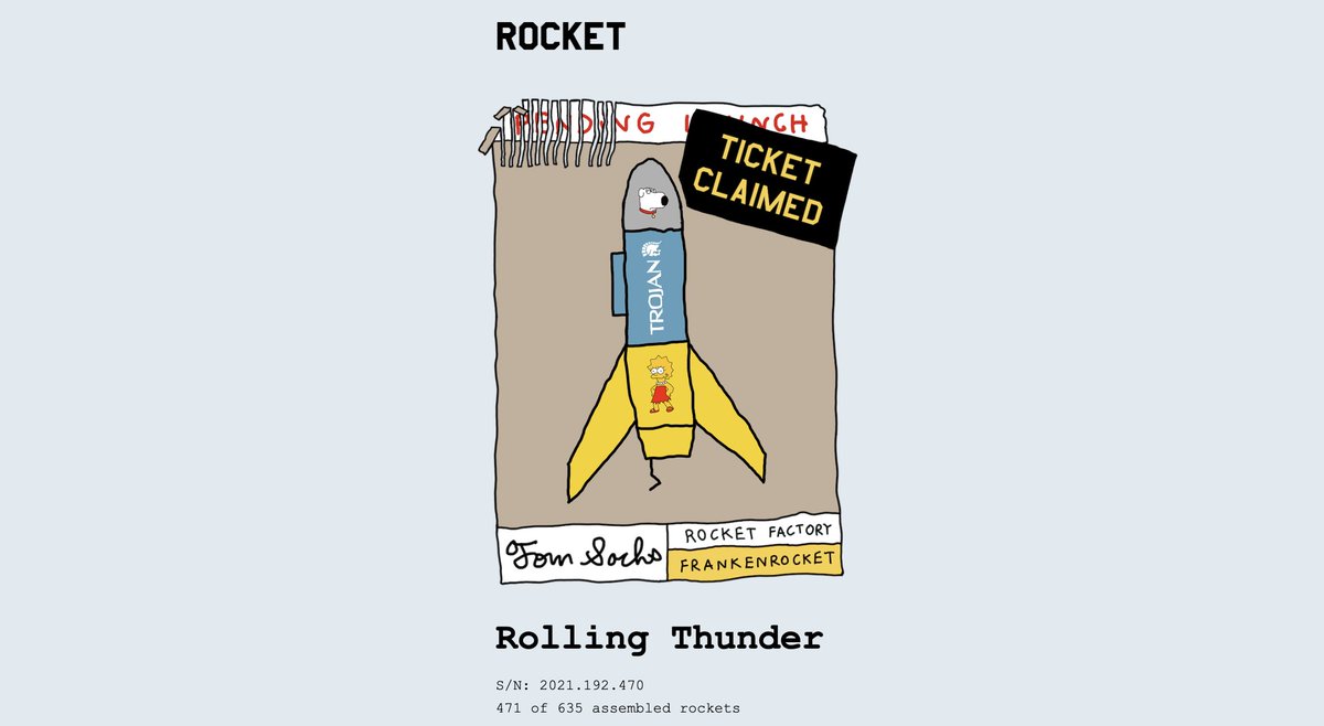 tsrocketfactory's tweet photo. Rolling Thunder - Scheduled to Shred, Pending Launch, Ticket NFT claimed. LFG https://t.co/xEfbsdeCbz