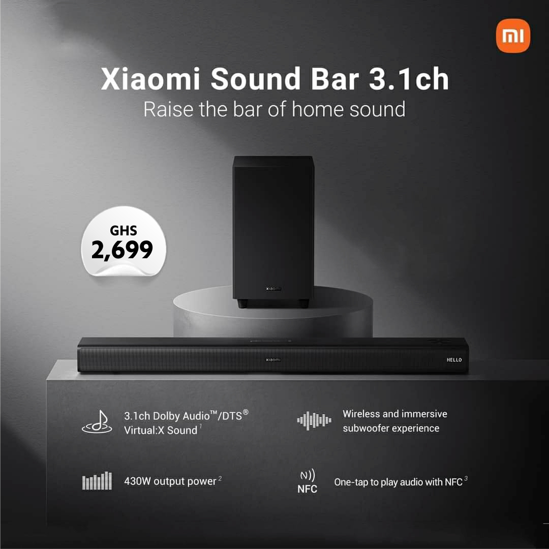 XiaomiGhana's tweet photo. With DTS® Virtual and Dolby Audio™ support, 430W max output power, and NFC connection, #XiaomiSoundbar 3.1ch gives you all you want for the ultimate audio experience! #SmartLivingForEveryone
#xiaomiSoundbar31ch
#MiEcoSystem https://t.co/pqh7mEuyt0