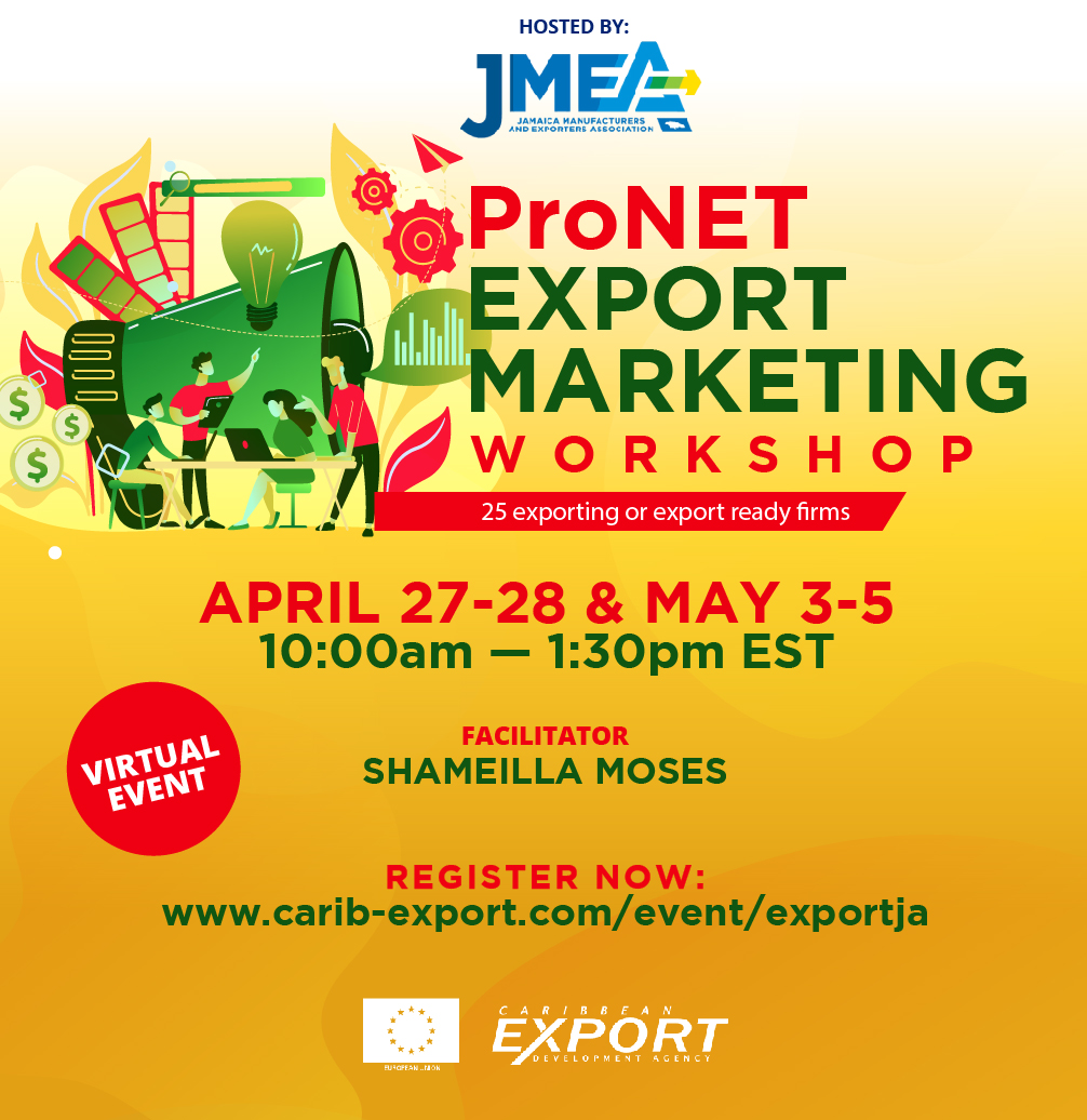CaribXport's tweet photo. 🇯🇲 As an exporter, several factors could contribute to your choice of the export market. Join our virtual export marketing workshop, which will address several topics, including developing your export plan.

📅 27-28/04 &amp; 3-5/04
👉 : https://t.co/zKJjzF1rmO

#CapacityBuilding https://t.co/7QxOxad6LV