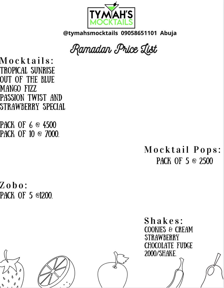 tymahsmocktails's tweet photo. Our Ramadan Menu is up.
Call or send a message to place your order. 
We will start taking orders from Monday In Sha Allah and if you’ll like to pre-order before then that’s also fine. 

Allahuma Baligna Ramadan❤️🙏🏾
#AbujaTwitterCommunity #Ramadan #mocktails https://t.co/4OGCzZgfi4