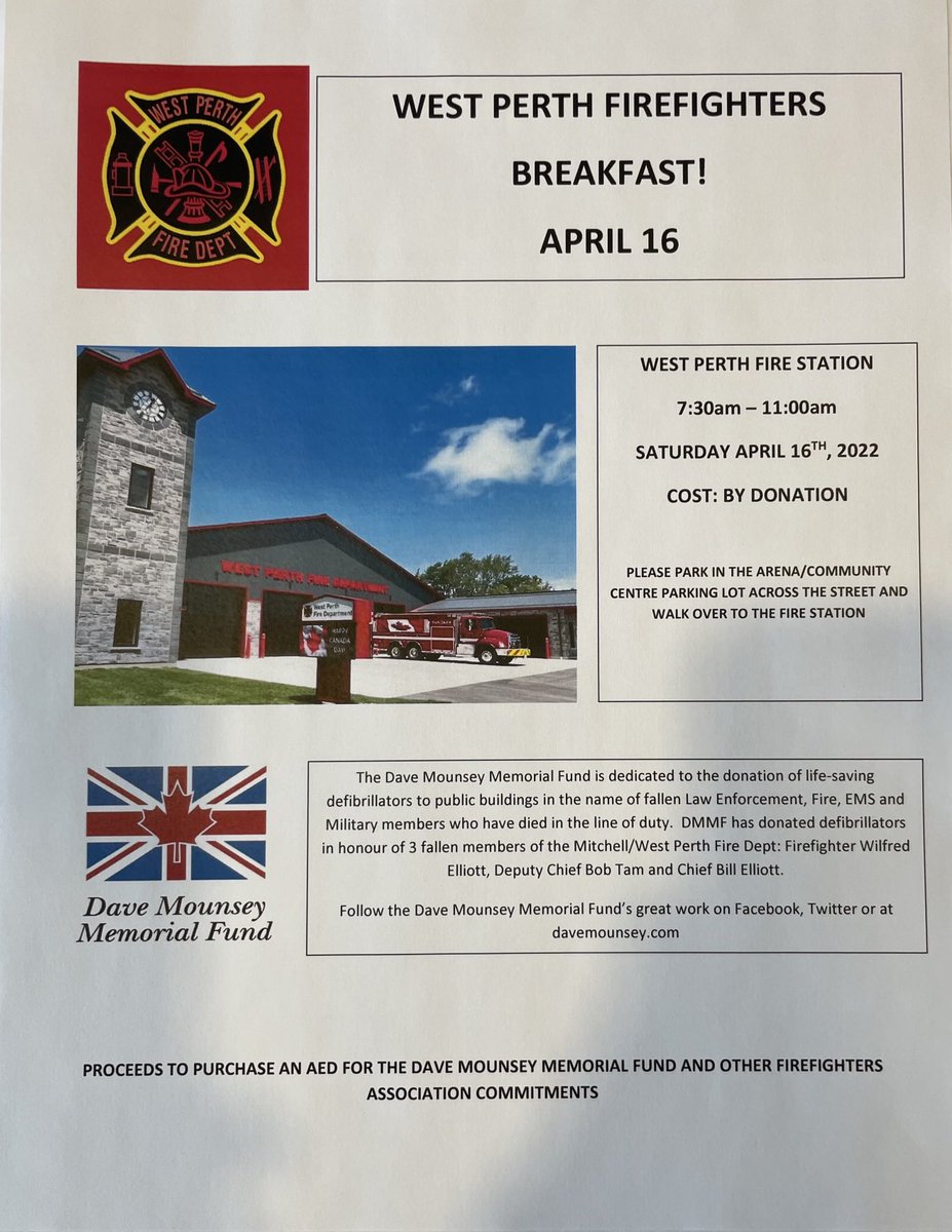 Join your ⁦<a href="/WestPerthON/">West Perth</a>⁩ Firefighters for our 1st breakfast at our new station! Sat Apr16 7:30-11am. Cost by donation - proceeds to purchase life saving defibrillator for ⁦<a href="/DaveMounseyFund/">Dave Mounsey Fund</a>⁩ and other WPFD Association commitments. We can’t wait to see you again! #WPFD