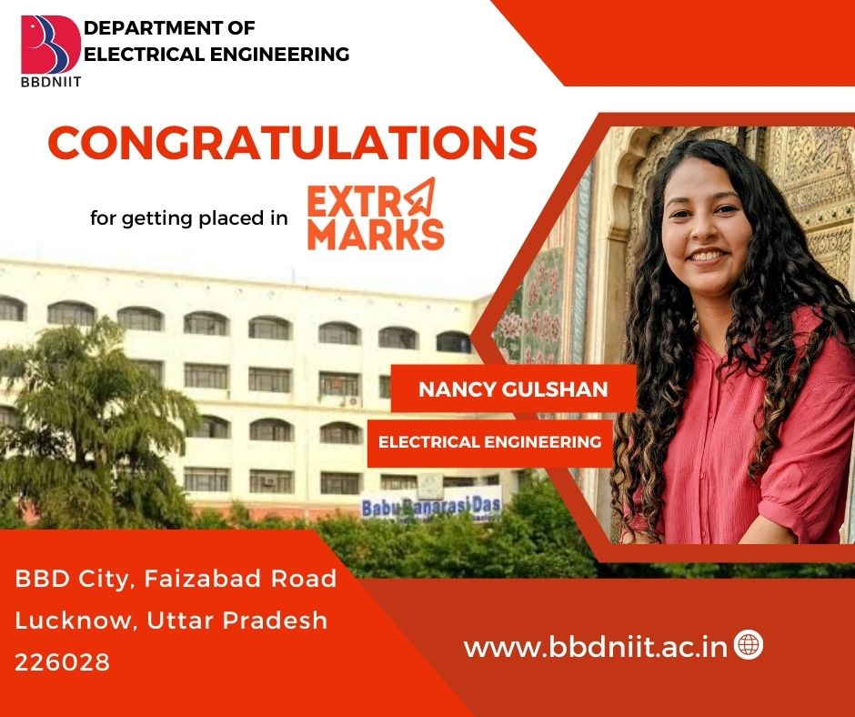 BbdniitEe's tweet photo. Many congratulations to our student NANCY GULSHAN #BTech #EE, 2018-2022, for her successful #placement in #Extramarks from #bbdniit #EEdept. #TrainingandPlacementCell #aktu  #bestplacement #topcolleges #bestcollege #Lucknow https://t.co/oCc5vuKFlu