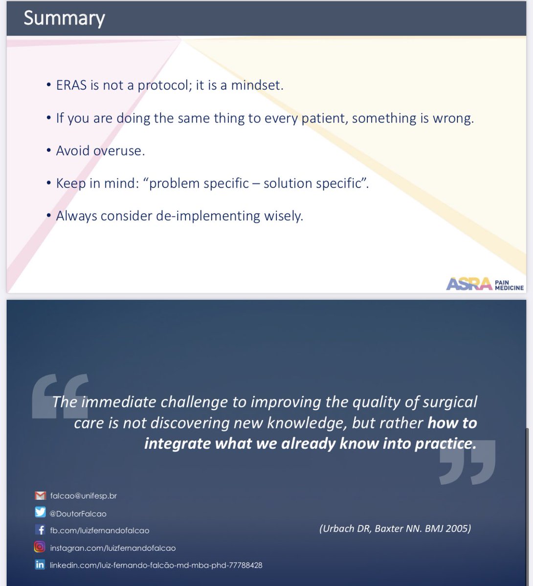 I like this… #ERAS is not a protocol; it is a mindset!!

We don’t need to discover new knowledge, but we need to know how to integrate what we already know into practice!

#ASRASPRING22 #ERAS
