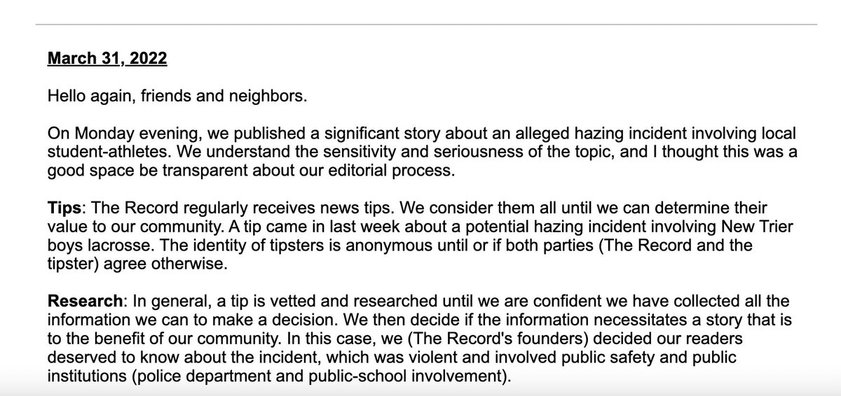 jakubrudnik's tweet photo. Yesterday in my Intro to Online Reporting #jour280 class, we touched on the importance of transparency in 2022.
Saw this letter from @JoeC2319 at @TheRecordNS in my inbox.
Great example of how to do sensitive reporting and show your community the care you're taking in coverage. https://t.co/wjlecbrCCj