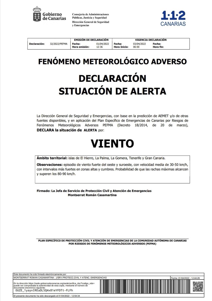 PTegueste's tweet photo. La Dirección General de Seguridad y Emergencias declara la situación de alerta por VIENTOS 💨 a partir de las 6:00 del día 3/04/2022 Tomen medidas de precaución. Ante cualquier incidencia ☎️ 112 https://t.co/uZEVS3vdLl