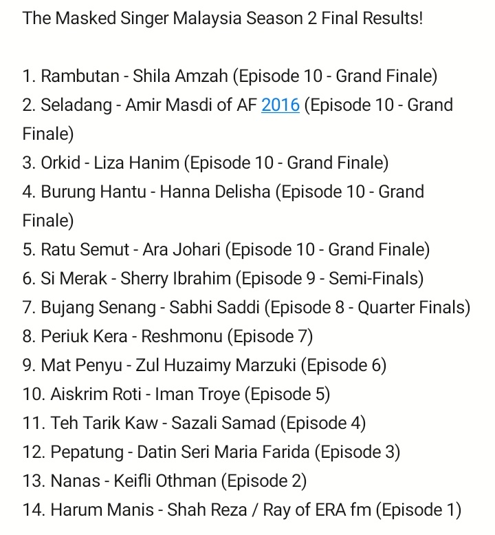 nurain_nazri's tweet photo. And here's the final results in Season 2!
#TheMaskedSingerMY2
#TheMaskedSingerMalaysia
#TheMaskedSingerMalaysia2
#TheMaskedSinger https://t.co/SrDCPS9q9N
