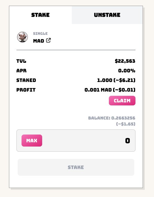 MadMeerkatNFT's tweet photo. 1| MAD SINGLE STAKE. Stake your $MAD now to earn more $MAD.

Rewards will be enabled within the next few hours once sufficient people have staked, to ensure fairer distribution. This launch will also fix an issue for people who has tons of MMT and unable to claim rewards. https://t.co/Pp8mIqEGfM