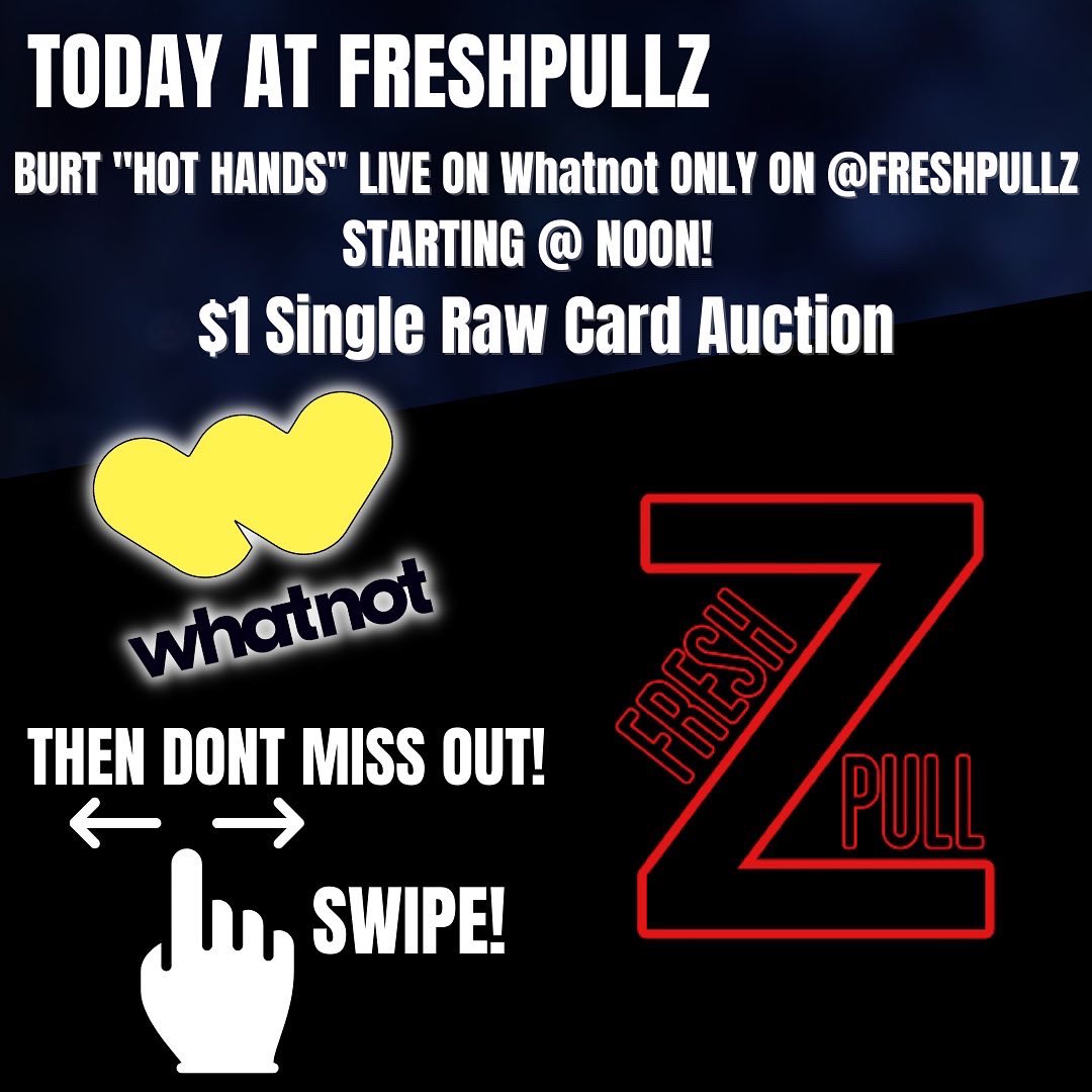 freshpullz's tweet photo. THE FUN STARTS @ 12 Find @FRESHPULLZ LIVE On @whatnot For a $1 Raw Card Auction Event! Then at 3pm @bostonbatts is back on @whatnot hosting his own $1 Sudden Death Slabs plus Giveaways! Tune in!!
#Whatnot #slabs #giveaways #FRESHPULLZ #event #live #stream #sportscards #hobby https://t.co/hP9Q4HOWSE
