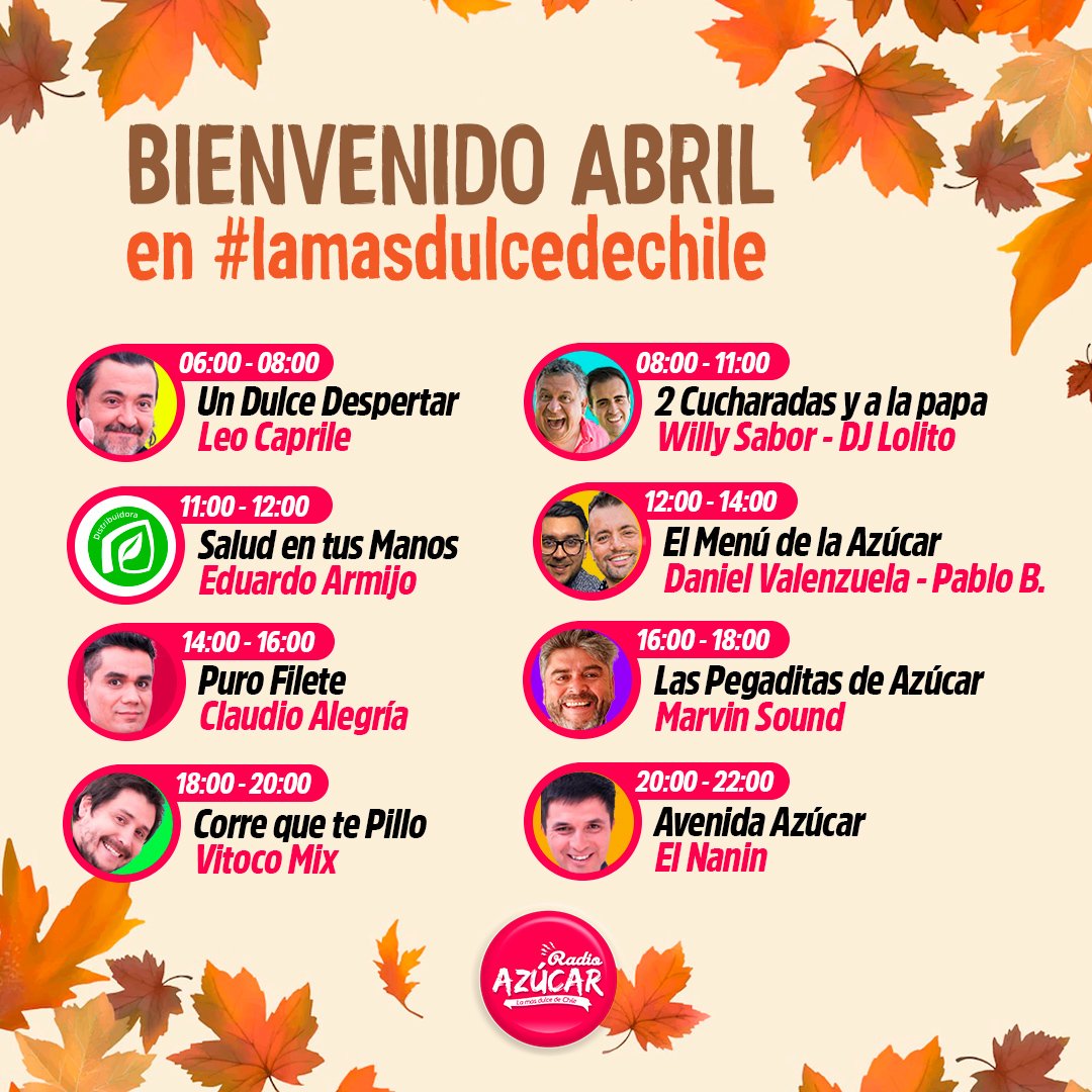 Bienvenido 𝙖𝙗𝙧𝙞𝙡 #𝙙𝙪𝙡𝙯𝙪𝙧𝙖𝙨 𝙢𝙞𝙡 🥰🍂

Con #lamásdulcedechile 😍  por todas nuestras frecuencias, App Radio Azúcar FM y radioazucar.cl 📻💻📱

📱WhatsApp +56963756000
📡 Teléfono 227976880

#musica #radio #radiofm #fm #endulzamostusdías #musicatropical