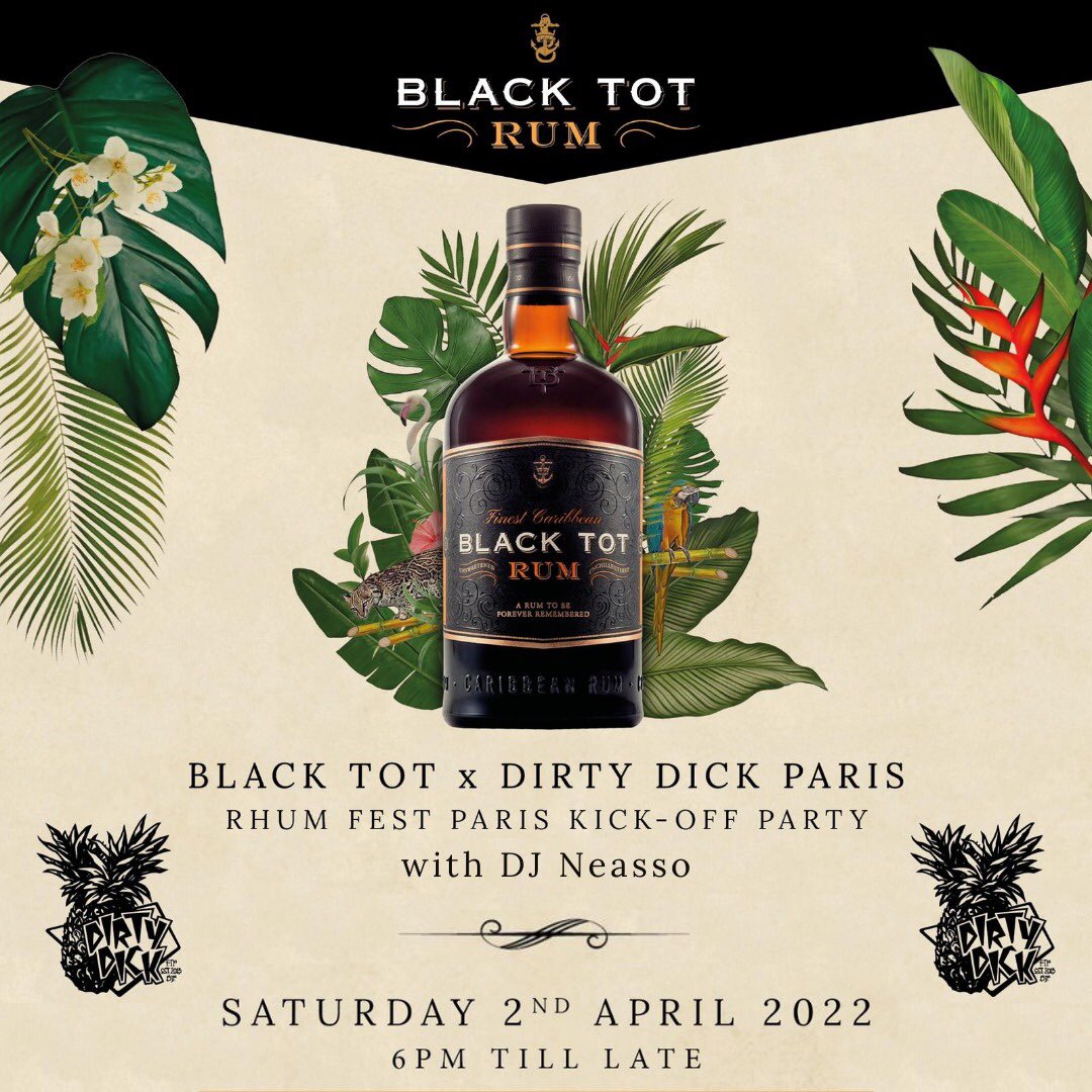 ElixirDistiller's tweet image. If you’re in Paris this weekend, be sure to pay a visit to Dirty Dick Bar on Saturday night for some @BlackTotRum cocktails! There will also be the tropical tunes of DJ Neasso! We’re celebrating the return of @RhumFestParis where Black Tot is also exhibiting this weekend 🍹🍍🎶