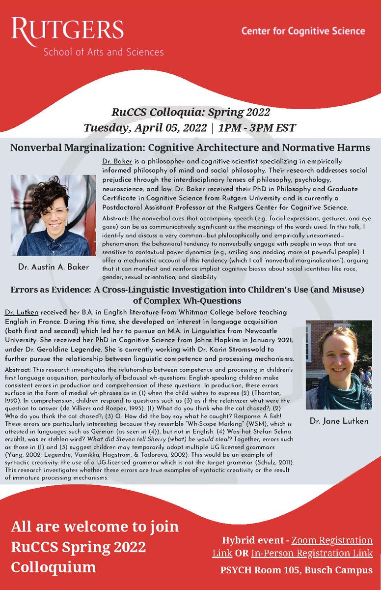 Join us on Tuesday, April 5th at 1PM for a #RuCCSTalk in #CognitiveScience

You must register for this hybrid event:
 
ZOOM REGISTRATION - 
lnkd.in/dtPRFm3b

IN-PERSON REGISTRATION -
lnkd.in/dE7zUPAh