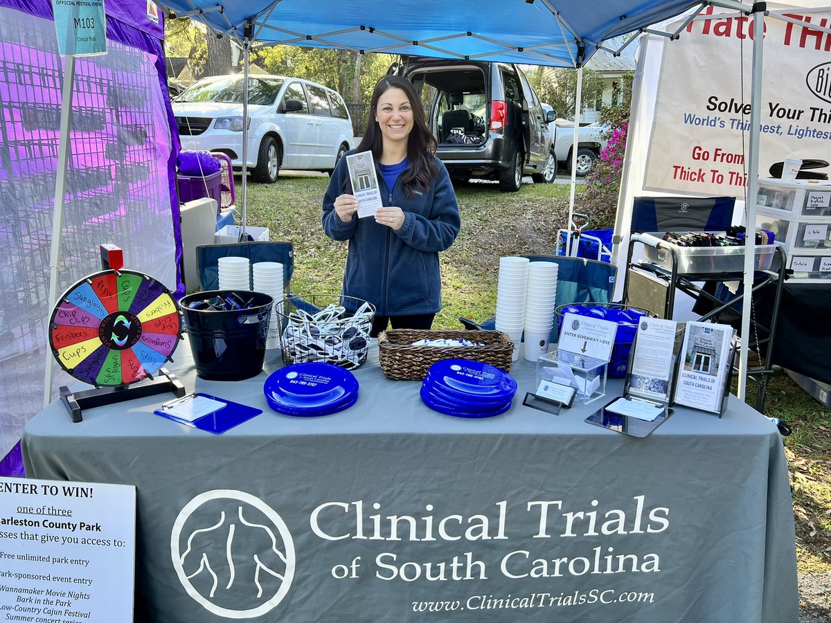 ClinicTrials_SC's tweet photo. Come see us this weekend! Our team is at the #FlowertownFestival in Summerville, SC. Try your luck on our prize wheel to win some cool swag! 🎉  We also have information about our current and upcoming trials. 

We are located at booth M103 in between 2nd and 3rd street. https://t.co/IVD56SDCkw