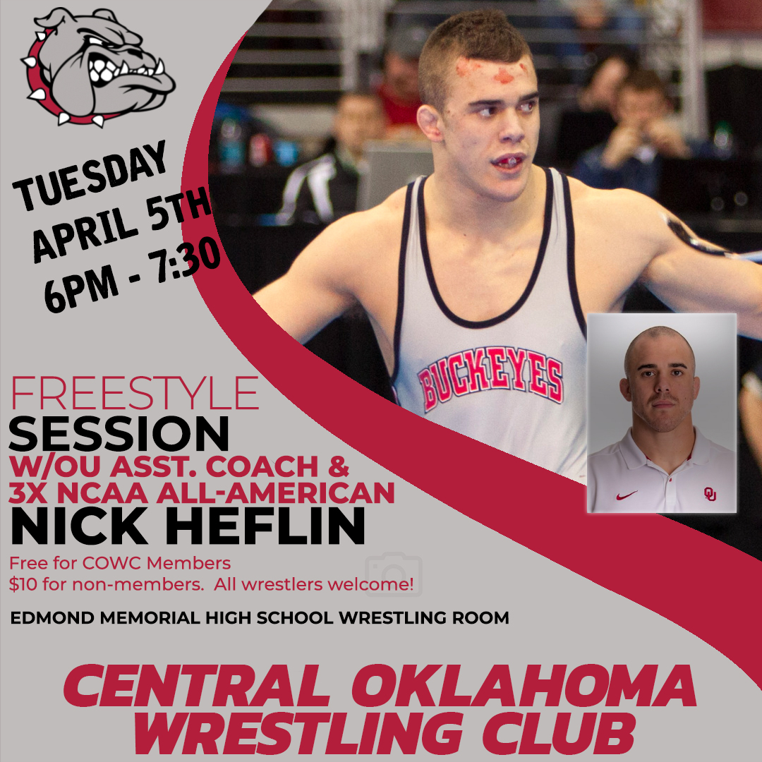 A BIG night planned for Central Oklahoma Wrestling Club this upcoming Tuesday, April 5th. University of Oklahoma assistant coach and 3X NCAA All American Nick Heflin will be joining us to work with our wrestlers. Looking forward to it! <a href="/TheDarkhorse197/">Nick Heflin</a> <a href="/AJ_Heeg/">AJ Heeg</a> <a href="/MowerBenjamin/">Benjamin Mower</a>