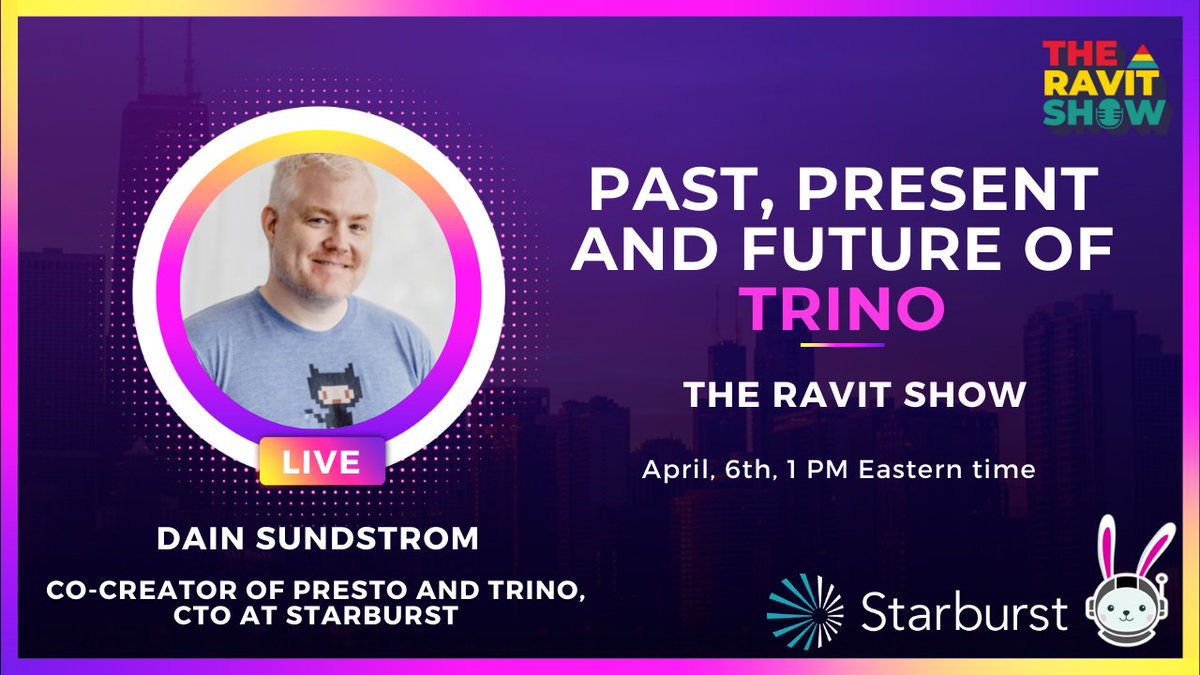 Starburst (@starburstdata) on Twitter photo Tune in next week to <a href="/RavitJain/">Ravit Jain (The Ravit Show)</a>'s The Ravit Show where Starburst CTO and <a href="/trinodb/">Trino</a> co-creator <a href="/daindumb/">Dain Sundstrom</a> will be chatting about the Past, Present, and Future of <a href="/trinodb/">Trino</a>!
You won't want to miss this event, streaming #live on LinkedIn, Twitter, and Youtube: bit.ly/3LEuMtH Tune in next week to <a href="/RavitJain/">Ravit Jain (The Ravit Show)</a>'s The Ravit Show where Starburst CTO and <a href="/trinodb/">Trino</a> co-creator <a href="/daindumb/">Dain Sundstrom</a> will be chatting about the Past, Present, and Future of <a href="/trinodb/">Trino</a>!
You won't want to miss this event, streaming #live on LinkedIn, Twitter, and Youtube: bit.ly/3LEuMtH
