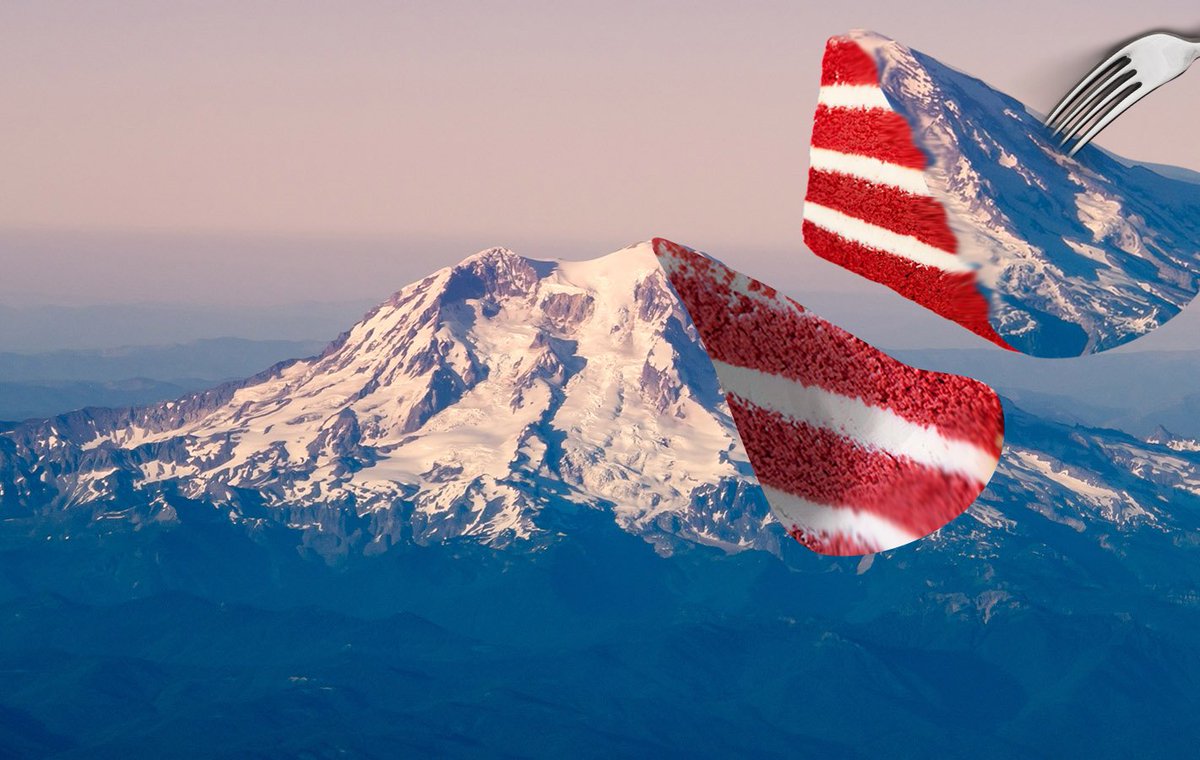 waDNR's tweet image. A shocking new report from DNR geologists reveals that Mount Rainier is cake.