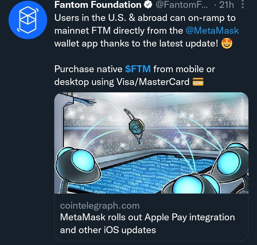 BKBriefing's tweet photo. Why #Fantom is more bullish than ever

1. $480M Incentive Program
2. Major Upgrade from EVM ➡️ FVM
3. On-ramp to Mainnet FTM directly from @MetaMask wallet app. Able to purchase native $FTM from mobile or desktop via Visa/Mastercard
4. MC/TVL BEAST
5. 🐳 s loading 
6. GameFi

🚀 https://t.co/QvDQgeXmWV