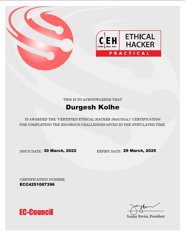 Durgesh986's tweet photo. I have successfully passed the global certification of CEHv11 practical exam from @ECCOUNCIL .
Thank you @ECCOUNCIL for providing the scholarship.
it's just a beginning๐.
Thank you so much for your guidance @AakashTayal14 and @hax_3xploit
#CEH #cehpractical #Ethicalhacking https://t.co/GzuivBVFcX