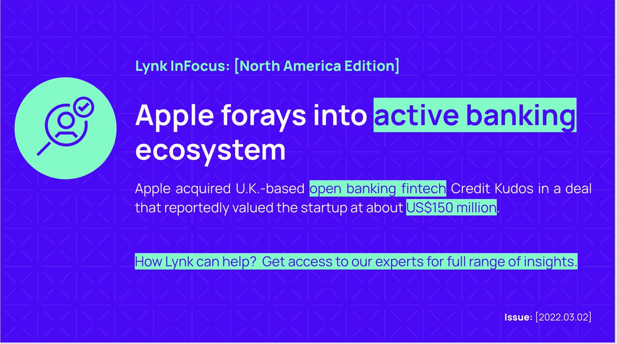 LYNKglobal's tweet image. The acquisition could enhance credit card penetration in the U.S. and beyond while improving Apple Pay’s engagement.
Need insights? Engage with Lynk experts.
Sign up to receive our timely InFocus newsletters: bit.ly/3maZ24c
#openbanking #lynkcurated