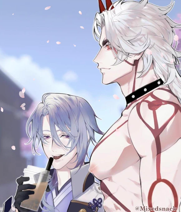 "Weather, check! Falling sakura, check! Arataki gang minus Shinobu, check! My best bro Ayato, check!! Watch me, bro! I will beat that Kujou Tengu today with my Sumo!"

"Yes, Itto. I will be looking at you closely. Very closely."

#AyaItto #genshinimpactfanart 