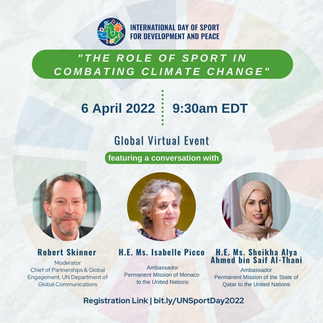 UNDESASocial's tweet photo. Join the @UN's virtual event for International #SportDay on “The Role of Sport in Combating Climate Change” &amp; hear from elite athletes, senior UN Officials, &amp; sporting industry experts how they are taking #ClimateAction.

🗓6 April, 9:30am EDT
Register ➡️ https://t.co/5ZhEP8e8f7 https://t.co/vaF6ywdoAO