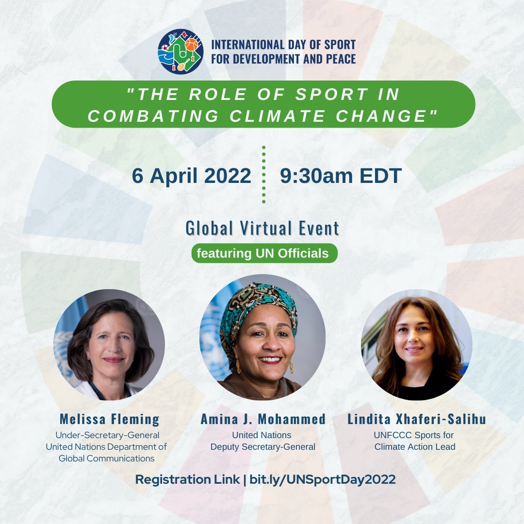UNDESASocial's tweet photo. Join the @UN's virtual event for International #SportDay on “The Role of Sport in Combating Climate Change” &amp; hear from elite athletes, senior UN Officials, &amp; sporting industry experts how they are taking #ClimateAction.

🗓6 April, 9:30am EDT
Register ➡️ https://t.co/5ZhEP8e8f7 https://t.co/vaF6ywdoAO