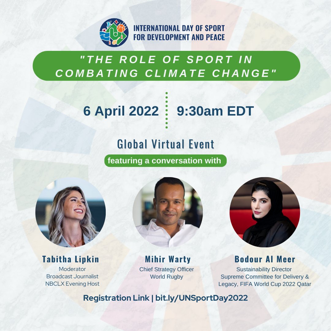 UNDESASocial's tweet photo. Join the @UN's virtual event for International #SportDay on “The Role of Sport in Combating Climate Change” &amp; hear from elite athletes, senior UN Officials, &amp; sporting industry experts how they are taking #ClimateAction.

🗓6 April, 9:30am EDT
Register ➡️ https://t.co/5ZhEP8e8f7 https://t.co/vaF6ywdoAO