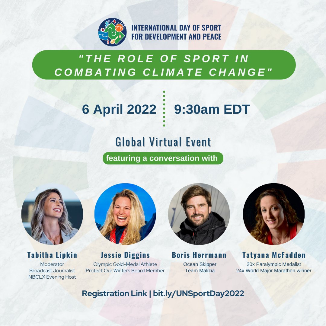 UNDESASocial's tweet photo. Join the @UN's virtual event for International #SportDay on “The Role of Sport in Combating Climate Change” &amp; hear from elite athletes, senior UN Officials, &amp; sporting industry experts how they are taking #ClimateAction.

🗓6 April, 9:30am EDT
Register ➡️ https://t.co/5ZhEP8e8f7 https://t.co/vaF6ywdoAO