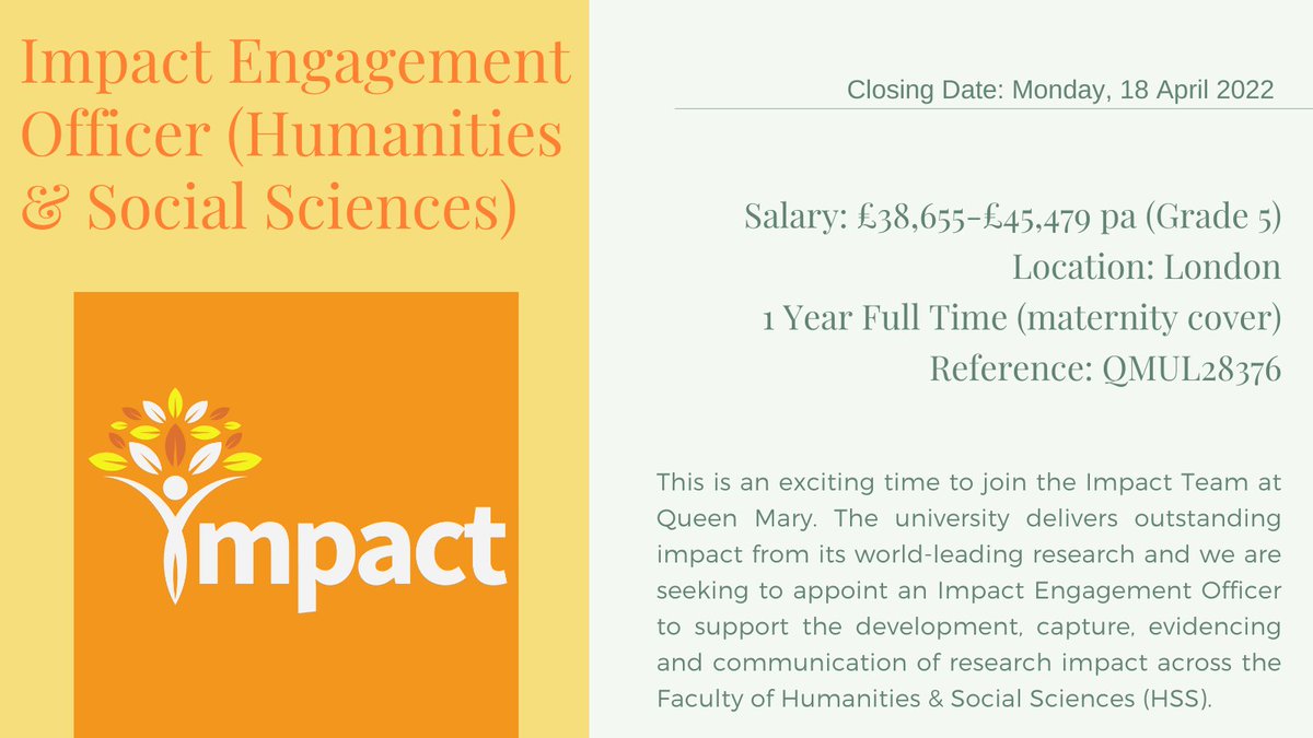 QMULimpact's tweet photo. And we're not finished there! We are also hiring for a maternity cover position in the faculty of Humanities &amp; Social Sciences. The closing date is also Mon 18 Apr 2022, so get moving! #researchimpact🏃👇 https://t.co/obHMRQASpQ https://t.co/0NbqV1qyOG