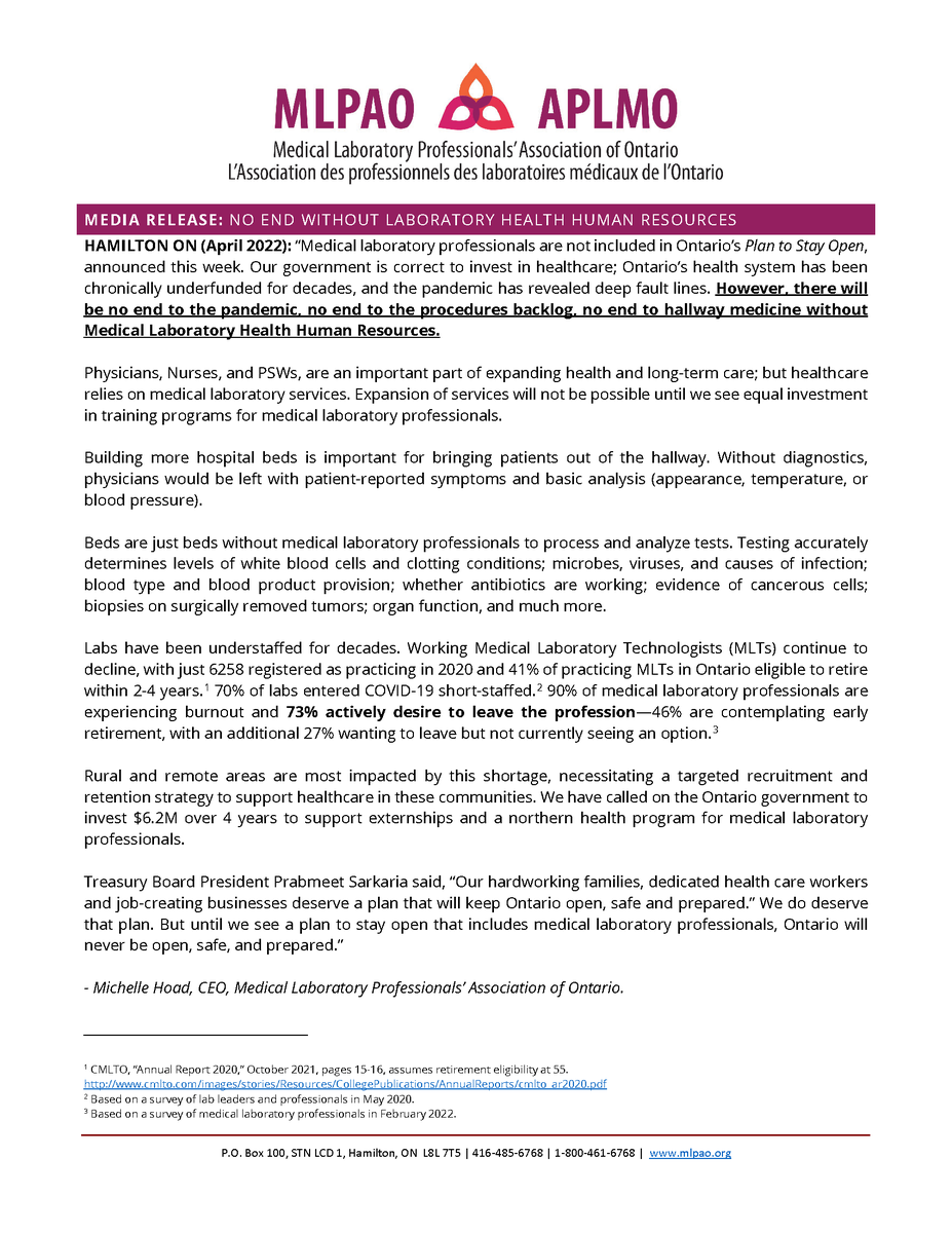 "There will be no end to the pandemic, no end to the procedures backlog, no end to hallway medicine without Medical Laboratory Health Human Resources."  - <a href="/mlpaoceo/">Michelle Hoad, CAE</a> responds to Ontario's #PlanToStayOpen: ow.ly/UMIw50IyqJy

#MedLabON #ONPoli #ONHealth #ONLab #Budget2022