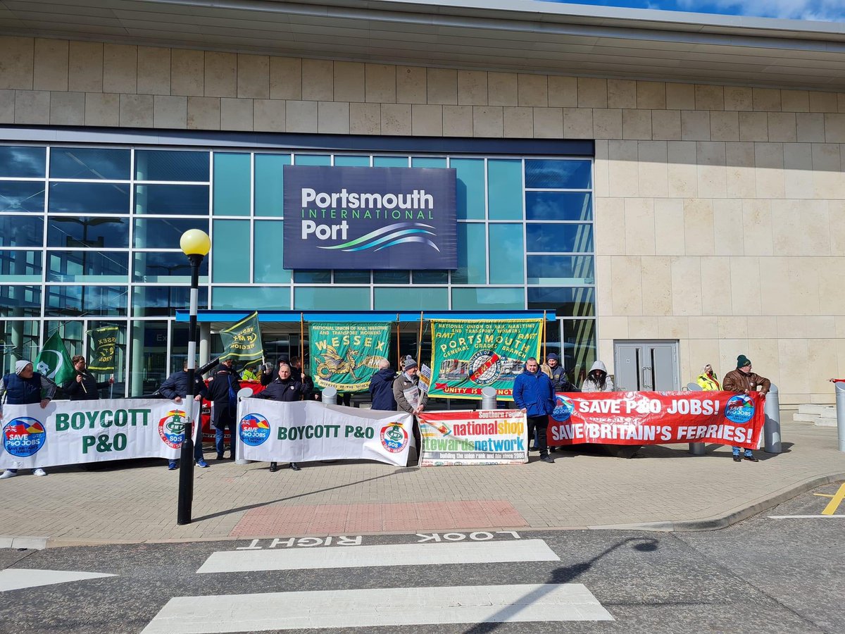 wightlink1's tweet photo. Great turn out for the demo at Portsmouth International Port today against P&O and there disgusting sacking of there loyal hard working staff!
We will stand with our @RMTunion & @POferries brothers and sisters!! ๐๐ปโ๐ปโด #shipsofshame #BoycottPandOFerries #RMT #SaveOurSeafarers https://t.co/v7Mrs7H1IL