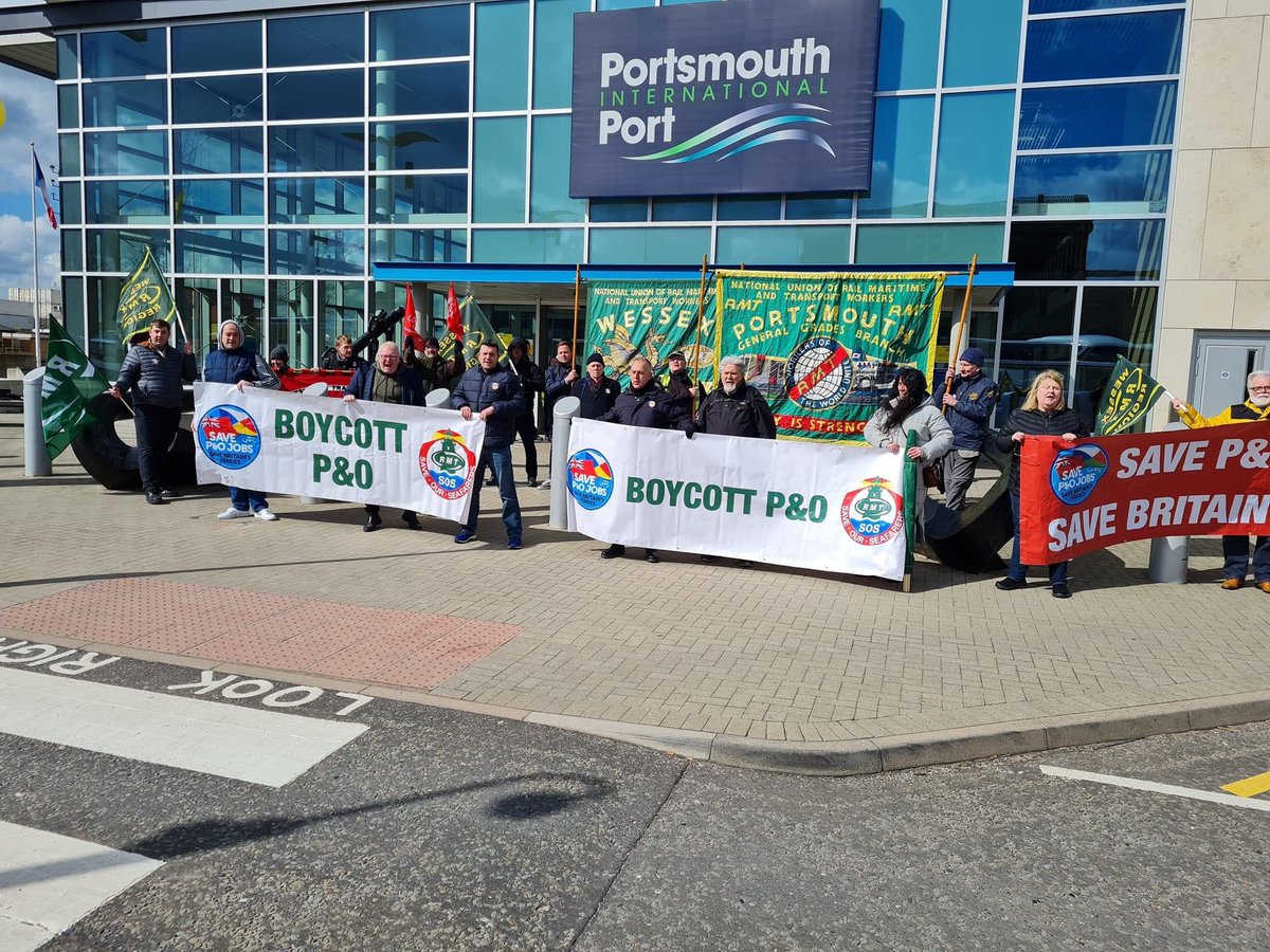 wightlink1's tweet photo. Great turn out for the demo at Portsmouth International Port today against P&O and there disgusting sacking of there loyal hard working staff!
We will stand with our @RMTunion & @POferries brothers and sisters!! ๐๐ปโ๐ปโด #shipsofshame #BoycottPandOFerries #RMT #SaveOurSeafarers https://t.co/v7Mrs7H1IL