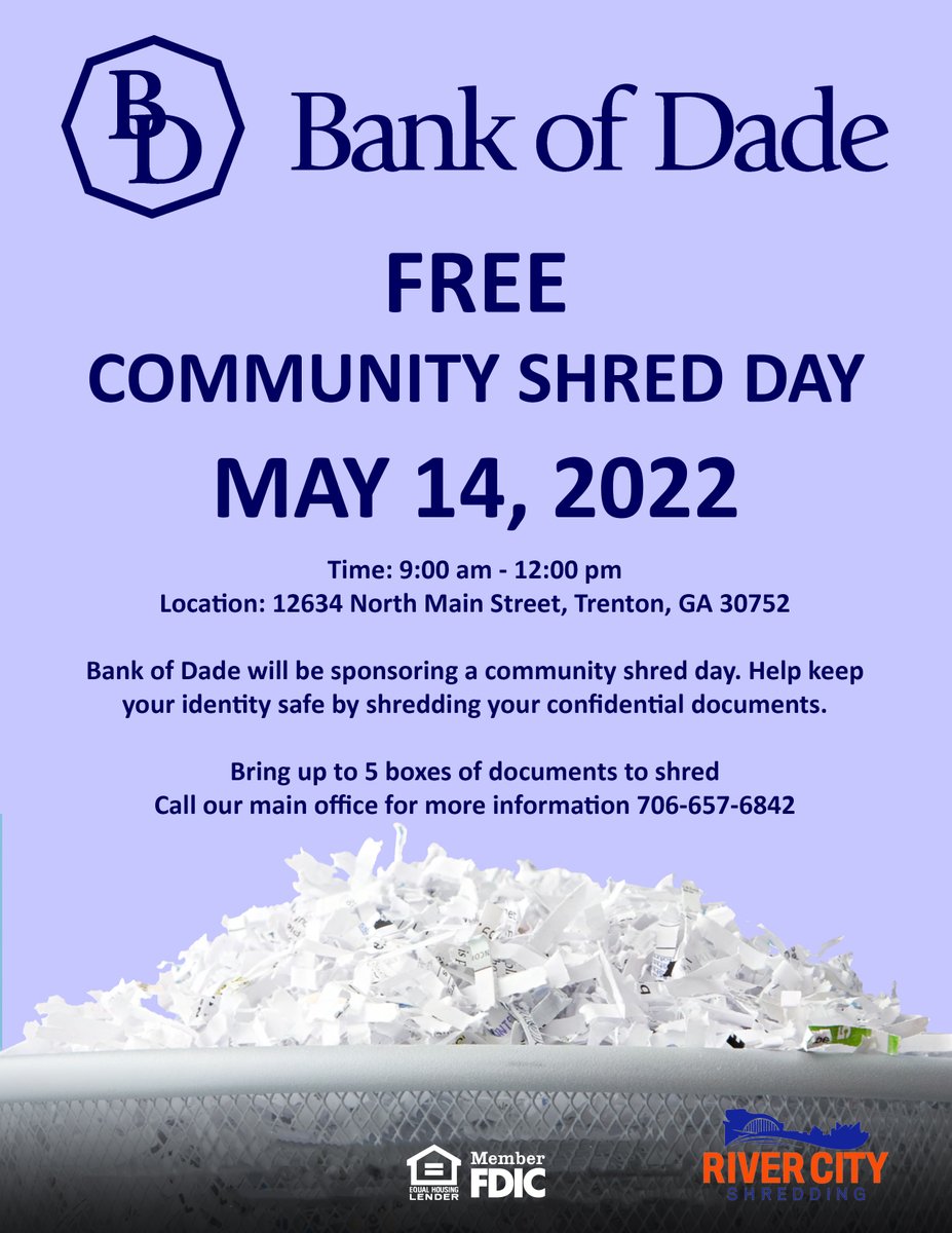 BankofDade's tweet photo. Join @BankofDade on Saturday, May 14th, 2022 from 9AM to 12PM for our FREE Community Shred Day event. Bring up to 5 boxes of paper documents to shred and help keep your identity safe! #CommunityShredDay https://t.co/p3flRhiIYG