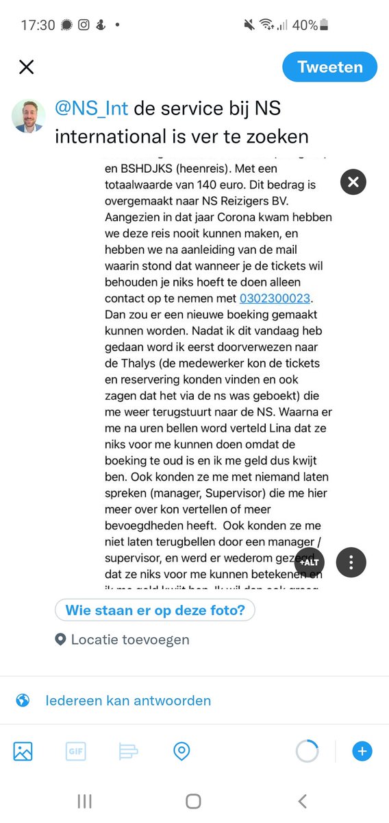 MauritsPloeger's tweet photo. @NS_Int vandaag uren aan de telefoon gezeten vanwege onze aankoop van Thalys kaarten, te horen gekregen dat ze niks kunnen betekenen en we dus onze €140 euro kwijt zijn. Verder ook niemand die mee denkt in een oplossing. Top service dit! @Consumentenbond @ROVER_online https://t.co/tEd01JxLmQ