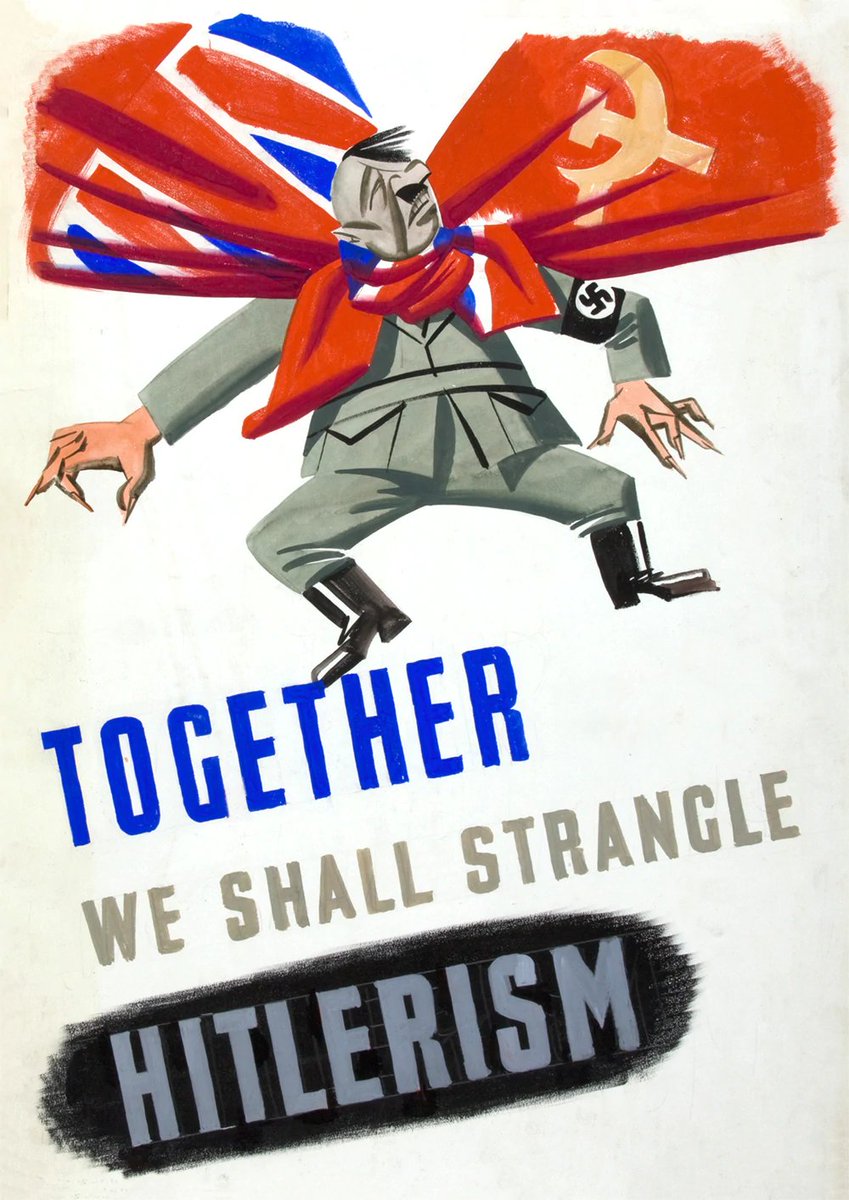 propagandopolis's tweet photo. 'Together we shall strangle Hitlerism' — British poster from the Second World War (ca. 1942) showing Hitler hanging from the British and Soviet flags. https://t.co/2glEJQKHG1