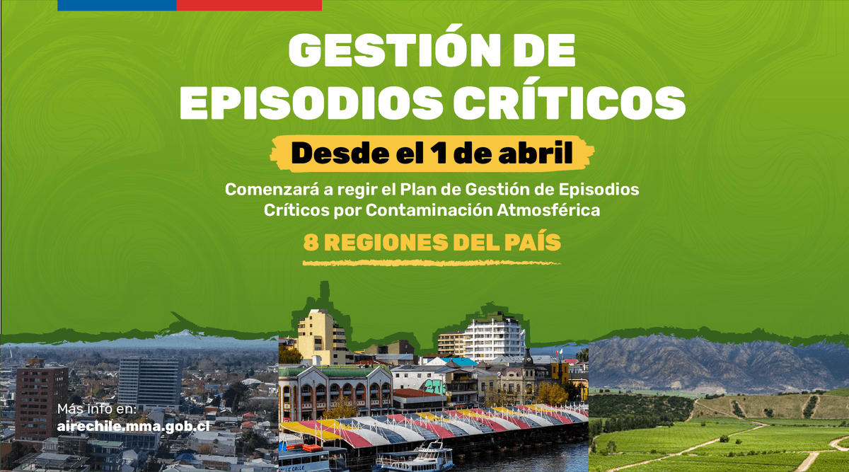 MMAChile's tweet photo. 🔔 Este 1 de abril inicia el período de Gestión de Episodios Críticos: ¿Qué es? ¿Para qué regiones aplica y qué recomendaciones seguir? 🤔

¡Abrimos hilo! #GECChile2022 https://t.co/hZfwxrwRTm