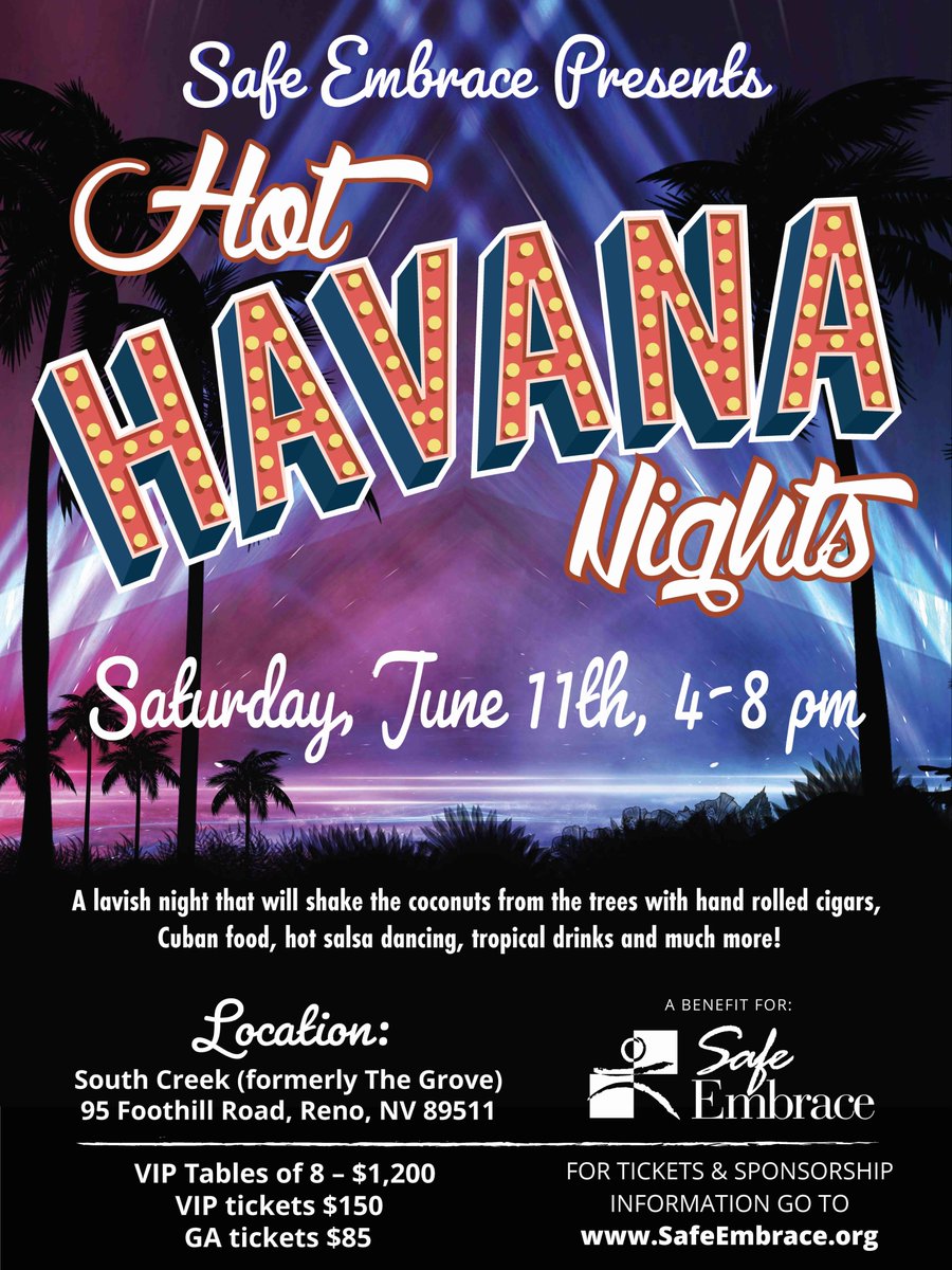 SafeEmbrace's tweet photo. Hot Havana Nights is coming BACK this June!

Hot Havana Nights is our annual fundraiser featuring cuban food, dancing, drinks and much much more.
-------
VIP Tables of 8 - $1,200
VIP Tickets $150
GA Tickets $GA
———

For Tickets &amp; More Information, head to:
https://t.co/ps7Pj19Vzr https://t.co/3MPY0rR0bo
