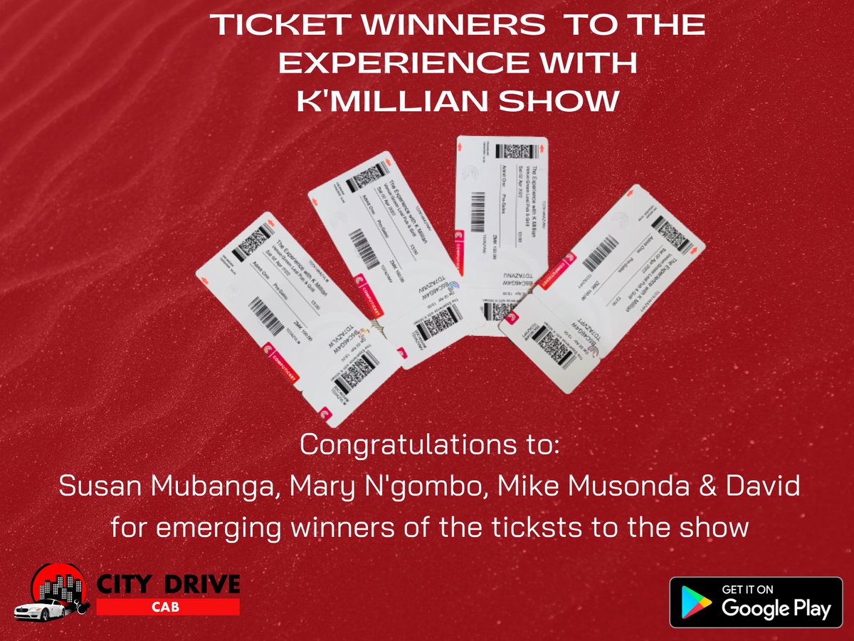 CityDrive4You's tweet photo. Congratulations to Susan Mubanga, Mary N'gombo, Mike Musonda &amp; David for emerging winners of the ticksts to the experience with K'Millian show. https://t.co/zHmb7yDJXw