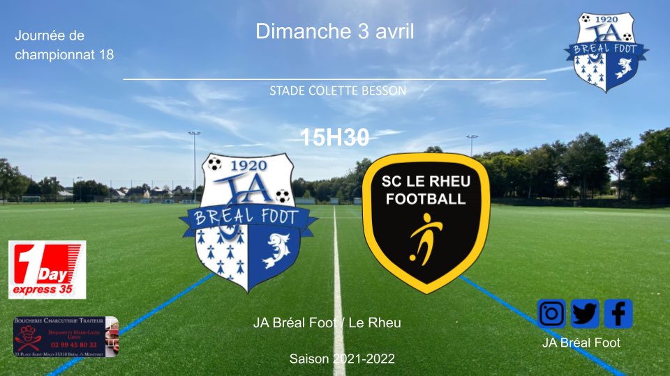 FootJa's tweet image. ⚽️ Programme séniors 
Dimanche 3 avril

- Sénior A 15h30 à Bréal :  JA Bréal 🆚 Le Rheu 2
- Sénior B 13h30 à Bréal : JA Bréal 🆚 Goven SC
- Sénior C 15h30 à Guichen : Guichen 4 🆚 Ja Bréal