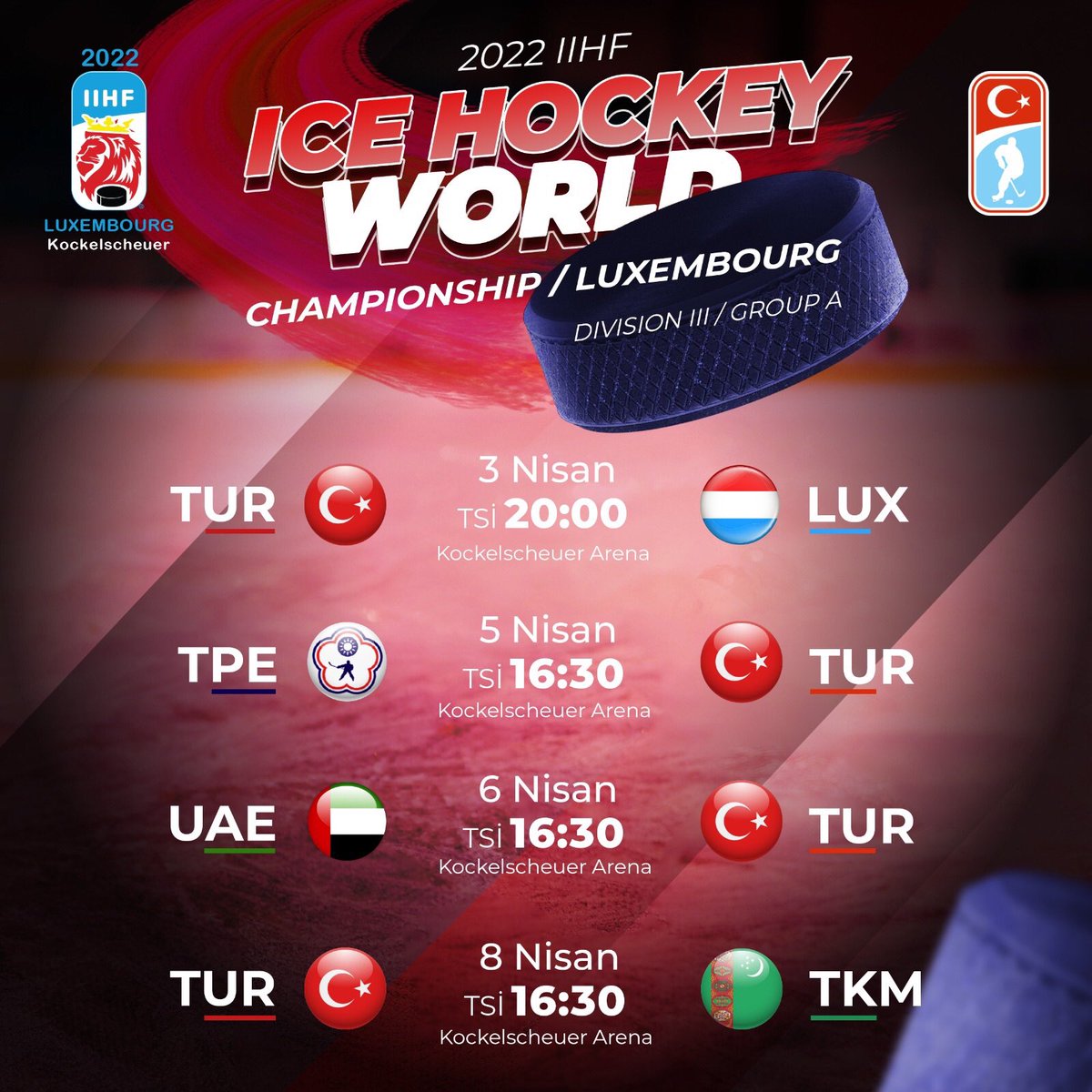 TBHForgtr's tweet image. A Milli Erkek Buz Hokeyi Takımımız Lüksemburg yolcusu.🛫

Millilerimiz 3-8 Nisan 2022 tarihleri arasında Lüksemburg’da yapılacak olan 3. Klasman A Grubu Buz Hokeyi Dünya Şampiyonası’nda Birleşik Arap Emirlikleri, Lüksemburg, Türkmenistan ve Çin Tayvan’ı ile karşılaşacak.