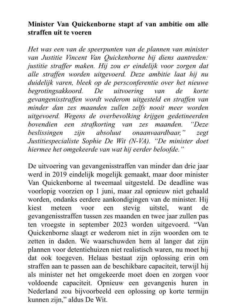DeWitSophie's tweet photo. Hoor ik nu op @vrtnws en @radio1be dat minister van Justitie eindelijk alle straffen gaat uitvoeren? Dat is dan goed verkocht door de minister want in feite doet hij precies het omgekeerde. Hij stelt de beloofde strafuitvoering opnieuw uit of laat ze zelfs gewoon los. Meer info👇 https://t.co/uPZWHN7Ga6